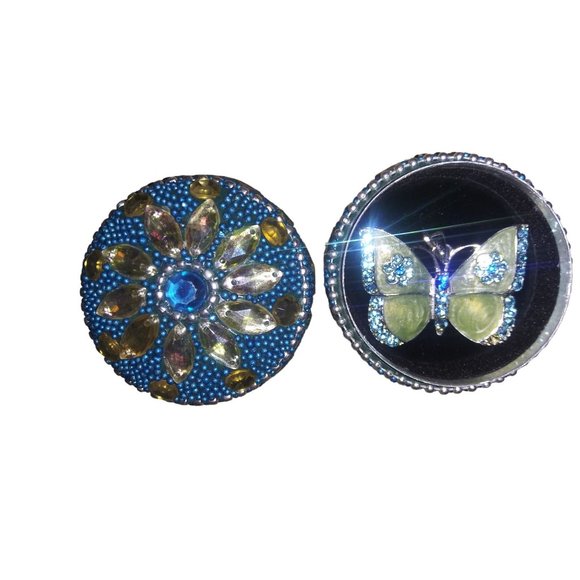 Green Enamel Blue Rhinestone Butterfly Pendant Silver Metal Charm Floral Beaded - Picture 1 of 10